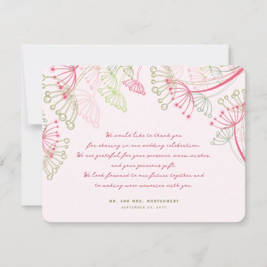 ピンクのタンポポの花の春の結婚式は感謝していしています サンキューカード (正面)