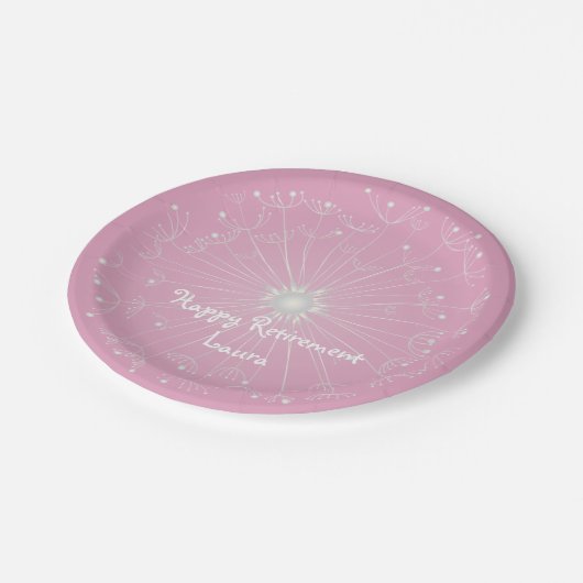 ピンクのタンポポの退職パーティーのプレート ペーパープレート (アングル)