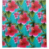 ピンクのターコイズのハワイのハイビスカスの花模様 シャワーカーテン (正面)