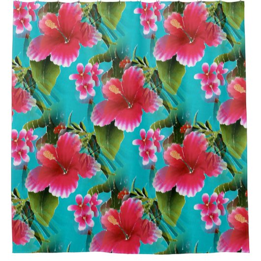 ピンクのターコイズのハワイのハイビスカスの花模様 シャワーカーテン (正面)
