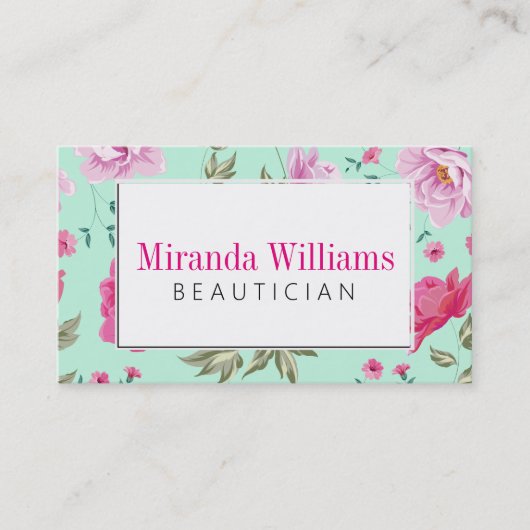ピンクのターコイズのヴィンテージの春の花柄パターン 名刺 (正面)