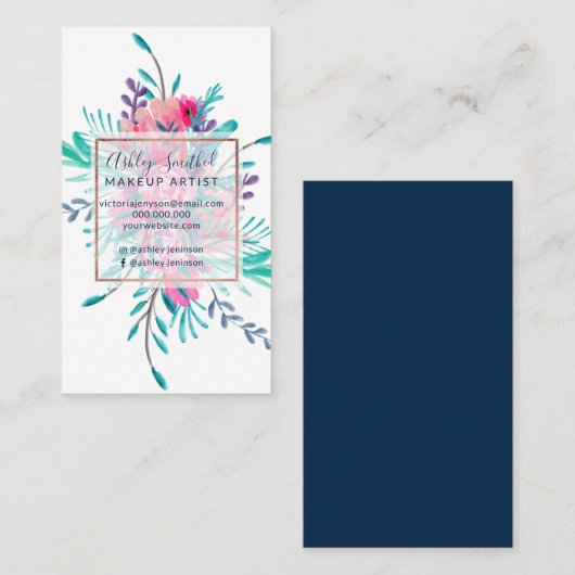ピンクのターコイズの花の水彩画のばら色の金ゴールドの化粧 名刺 (正面/裏面)