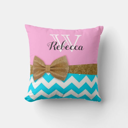 ピンクのターコイズの金ゴールドのグリッターのモノグラムの枕 クッション (正面)