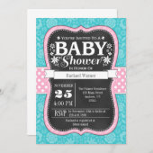ピンクのターコイズの黒板の花のベビーシャワー 招待状 (正面/裏面)