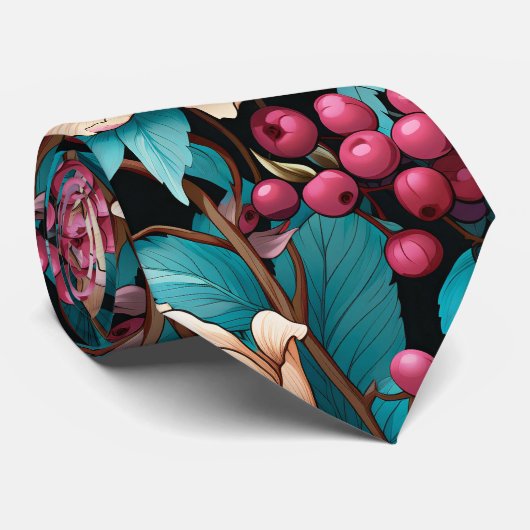 ピンクのターコイズクリームの花とベリーネックタイ ネクタイ (ロール)