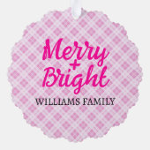 ピンクのタータンチェックメリークリスマスブライトファミリー名 オーナメントカード (裏面)