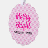 ピンクのタータンチェックメリークリスマスブライトファミリー名 オーナメントカード (左)