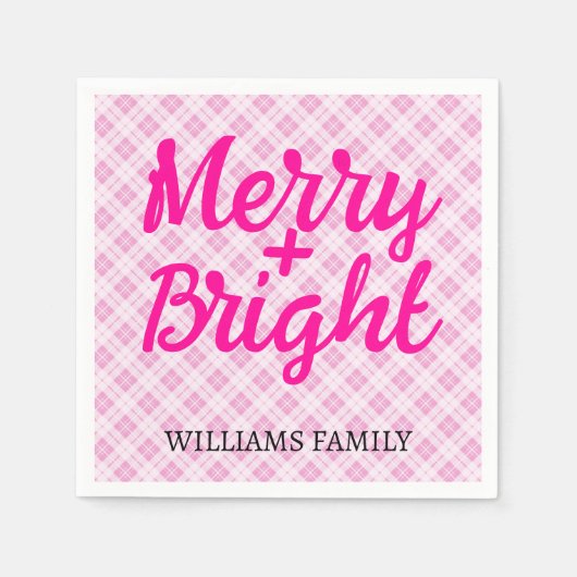 ピンクのタータンチェックメリークリスマスブライトファミリー名 スタンダードカクテルナプキン (正面)