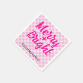 ピンクのタータンチェックメリークリスマスブライトファミリー名 スタンダードカクテルナプキン (角)