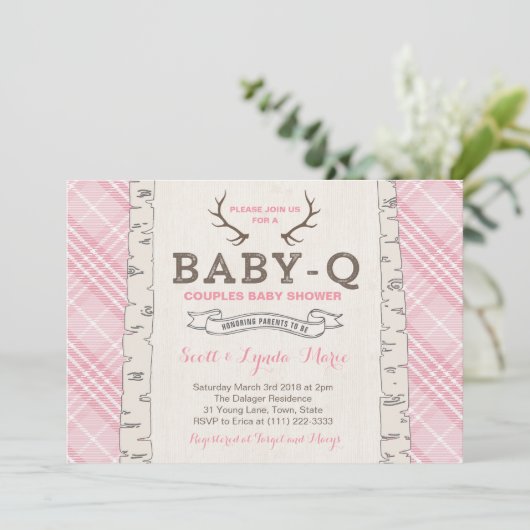ピンクのタータンチェック格子模様カップル女の子のための赤ちゃんシャワー 招待状 (スタンド正面)