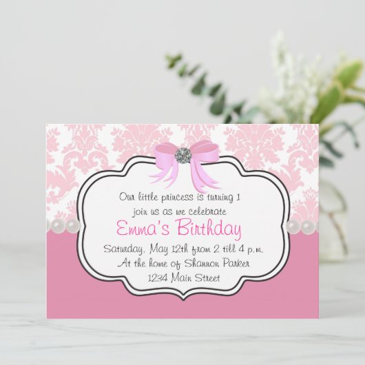 ピンクのダイヤモンドおよび真珠のダマスク織の招待状 招待状 (スタンド正面)