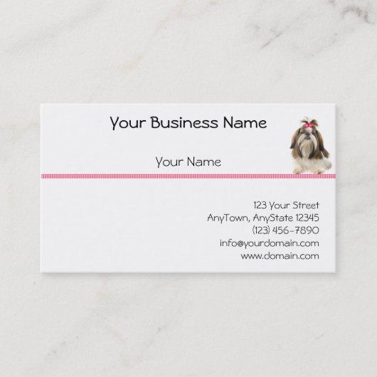 ピンクのダイヤモンドのボーダーのピンクの弓を持つシーズー(犬) Tsu 名刺 (正面)