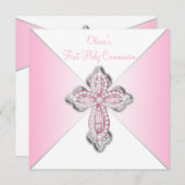 ピンクのダイヤモンドクロスピンク最初の聖餐式 招待状 (正面/裏面)