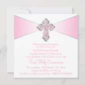 ピンクのダイヤモンドクロスピンク最初の聖餐式 招待状 (裏面)