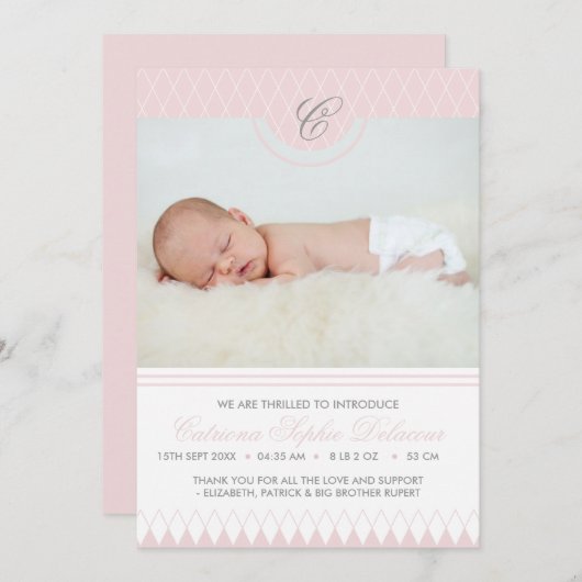 ピンクのダイヤモンドパターン写真の誕生の発表 案内状 (正面/裏面)