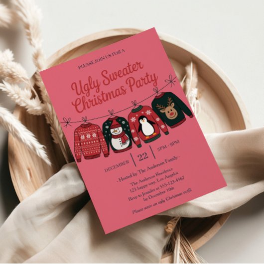 ピンクのダサいスウェーターのホリデーパーティー | 楽しいクリスマス 招待状