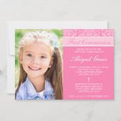 ピンクのダマスクの女の子の写真ファースト・コミュニオン 招待状 (正面)