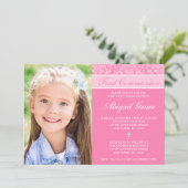 ピンクのダマスクの女の子の写真ファースト・コミュニオン 招待状 (スタンド正面)