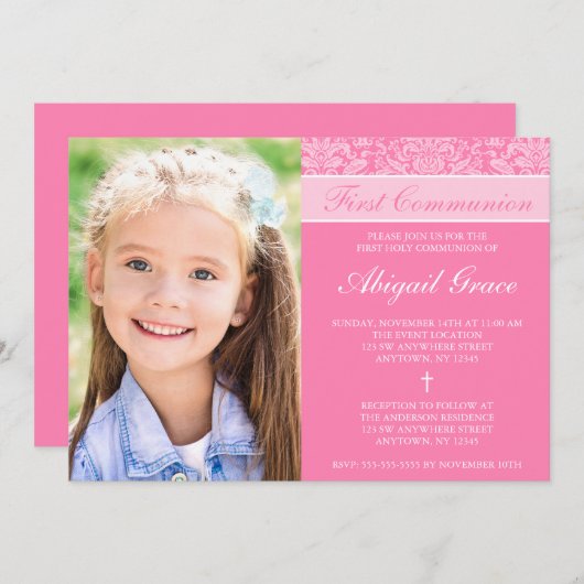 ピンクのダマスクの女の子の写真ファースト・コミュニオン 招待状 (正面/裏面)