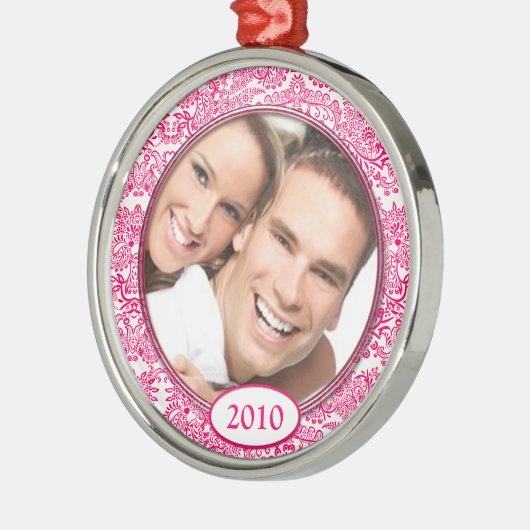ピンクのダマスクの愛の鳥の写真クリスマスオーナメント メタルオーナメント (左)