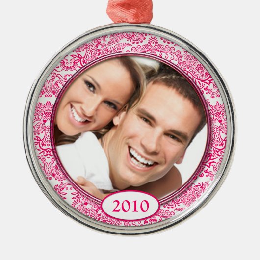 ピンクのダマスクの愛の鳥の写真クリスマスオーナメント メタルオーナメント