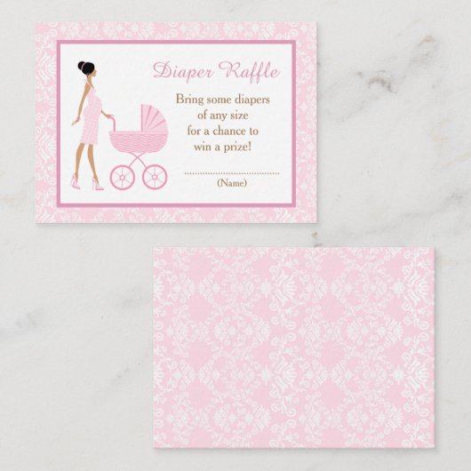 ピンクのダマスクアフリカ系アメリカ人の赤ちゃんシャワーラッフル エンクロージャーカード (正面/裏面)
