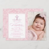 ピンクのダマスククロス女の子写真洗礼招待状 招待状 (正面/裏面)
