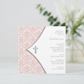 ピンクのダマスククロス 女の子 洗礼・キリスト洗礼 招待状 (スタンド正面)