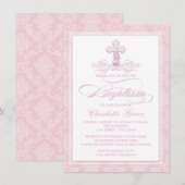 ピンクのダマスククロス 女の子 洗礼 招待状 (正面/裏面)