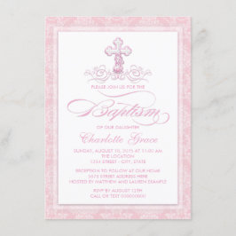 ピンクのダマスククロス 女の子 洗礼 招待状