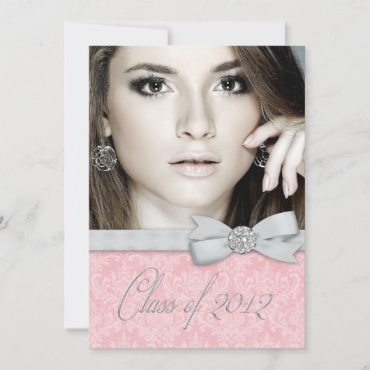 ピンクのダマスク写真の卒業発表 招待状 (正面)
