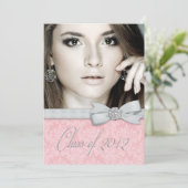 ピンクのダマスク写真の卒業発表 招待状 (スタンド正面)