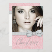 ピンクのダマスク写真の卒業発表 招待状 (正面/裏面)