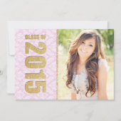 ピンクのダマスク写真の卒業発表 招待状 (正面)