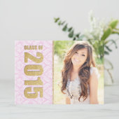 ピンクのダマスク写真の卒業発表 招待状 (スタンド正面)