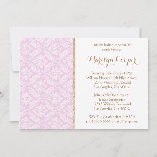 ピンクのダマスク写真の卒業発表 招待状 (裏面)