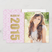 ピンクのダマスク写真の卒業発表 招待状 (正面/裏面)