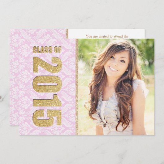 ピンクのダマスク写真の卒業発表 招待状 (正面/裏面)