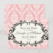 ピンクのダマスク模様 Save the Date ポストカード (正面/裏面)