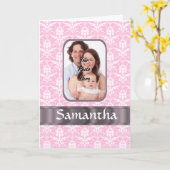 ピンクのダマスク織のカスタムの写真 カード (黄色い花)