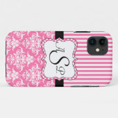 ピンクのダマスク織のストライプのパーソナライズなモノグラム Case-Mate iPhoneケース (裏面(横))