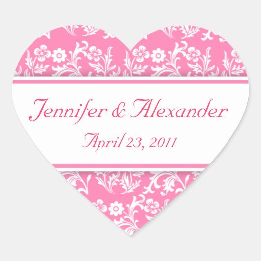 ピンクのダマスク織のハートの結婚式招待状のシール ハートシール (正面)