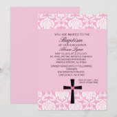 ピンクのダマスク織のハートBaptismInvitation 招待状 (正面/裏面)