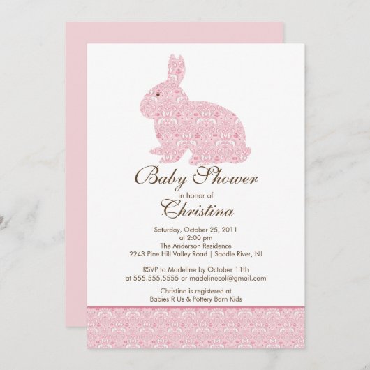 ピンクのダマスク織のバニーのベビーシャワーの招待状の女の赤ちゃん 招待状 (正面/裏面)