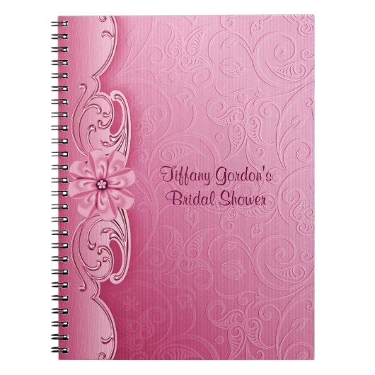 ピンクのダマスク織のブライダルシャワーのノート ノートブック (正面)