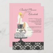 ピンクのダマスク織のブロンドの花嫁のブライダルシャワーの招待状 招待状 (正面/裏面)