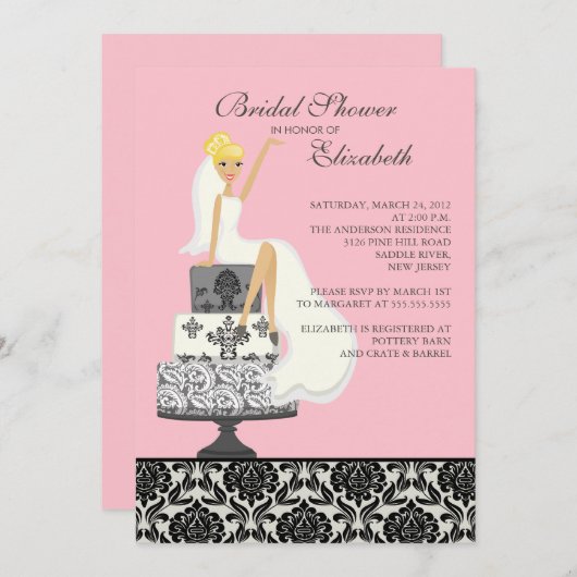 ピンクのダマスク織のブロンドの花嫁のブライダルシャワーの招待状 招待状 (正面/裏面)