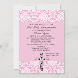 ピンクのダマスク織の女の子の聖餐の招待状 招待状
