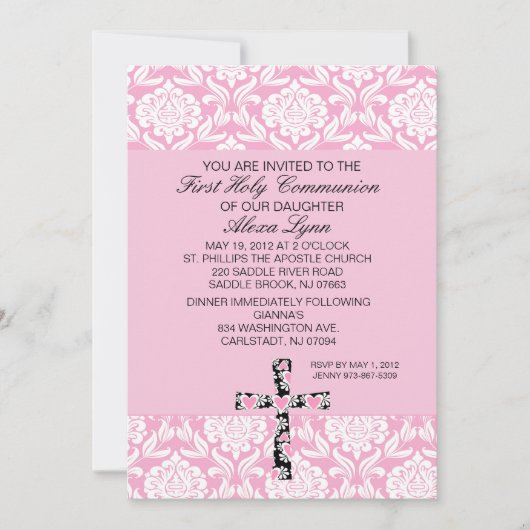 ピンクのダマスク織の女の子の聖餐の招待状 招待状 (正面)