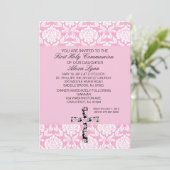 ピンクのダマスク織の女の子の聖餐の招待状 招待状 (スタンド正面)